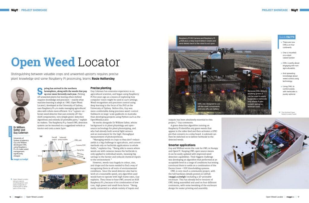 A two-page feature on the Open Weed Locator in the Raspberry Pi Official Magazine